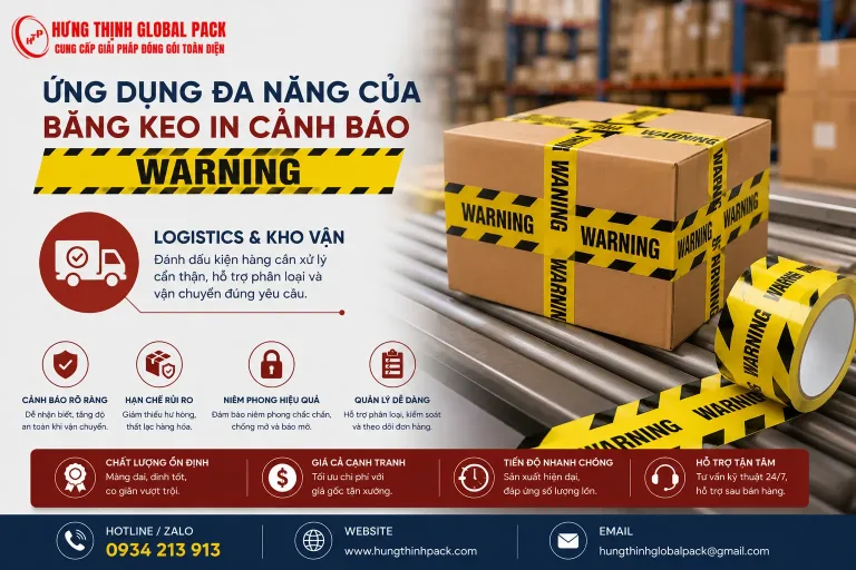 Lợi ích băng keo warning cảnh báo ngành logistics kho vận Hưng Thịnh Pack giúp bảo vệ kiện hàng tránh va đập nhầm lẫn