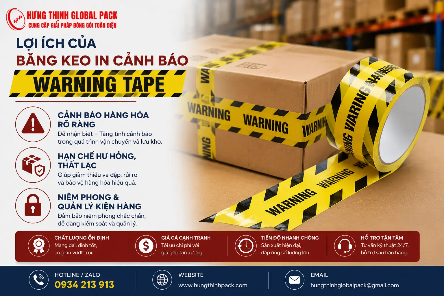 Lợi ích của băng keo warning tape dán thùng carton Hưng Thịnh Pack giúp cảnh báo hàng hóa và niêm phong an toàn
