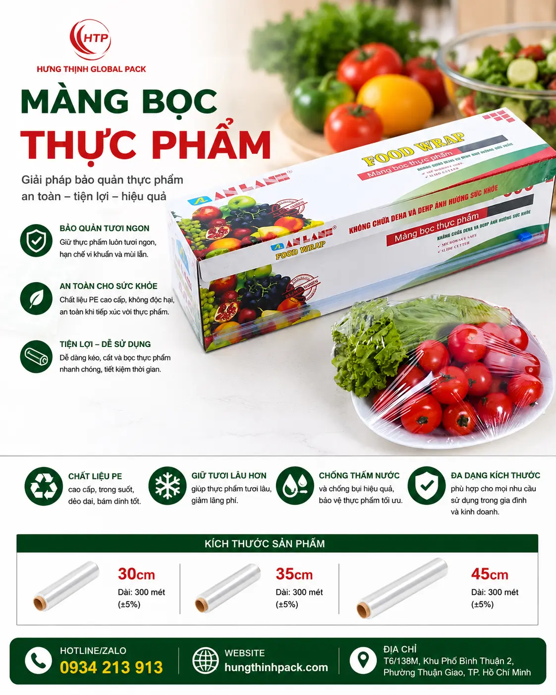 Màng bọc thực phẩm PE an toàn dùng bảo quản rau củ trái cây và thực phẩm tươi sống tại Hưng Thịnh Pack