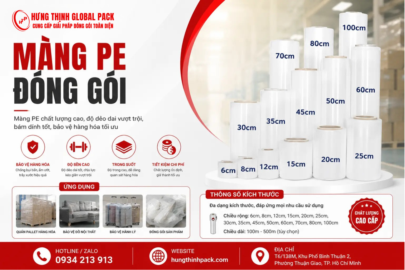 Hình ảnh màng PE đóng gói nhiều kích thước dùng quấn pallet và bảo vệ hàng hóa tại Hưng Thịnh Global Pack