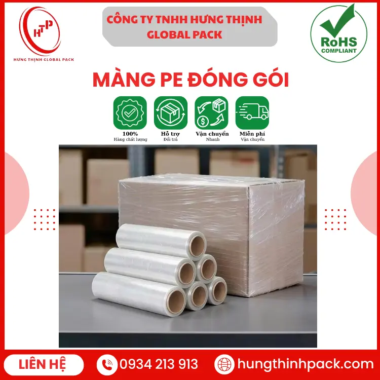 Màng PE đóng gói Hưng Thịnh Global Pack co giãn tốt, bám dính chắc, dùng quấn hàng hóa bảo vệ an toàn khi vận chuyển
