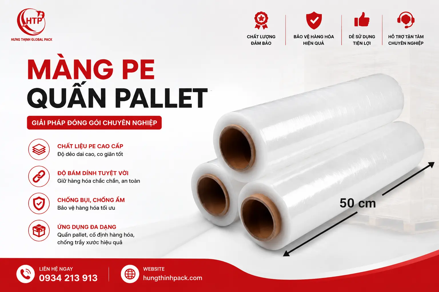Màng PE quấn pallet chất lượng cao dùng quấn hàng hóa đóng gói pallet chống bụi chống ẩm tại Hưng Thịnh Global Pack