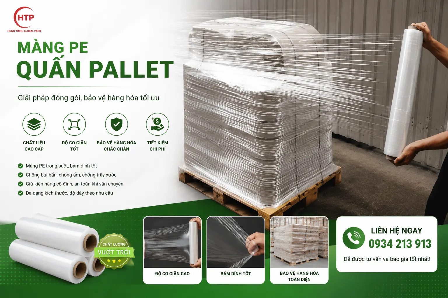 Màng PE quấn pallet công nghiệp dùng cố định và bảo vệ hàng hóa khi vận chuyển, độ co giãn cao và bám dính tốt.