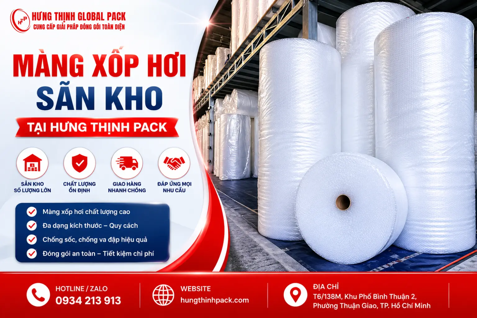 Màng xốp hơi chống sốc sẵn kho số lượng lớn tại Hưng Thịnh Pack