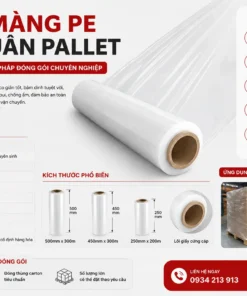 Hình ảnh mô tả chi tiết màng PE quấn pallet với thông số kỹ thuật, kích thước và ứng dụng đóng gói hàng hóa chuyên nghiệp