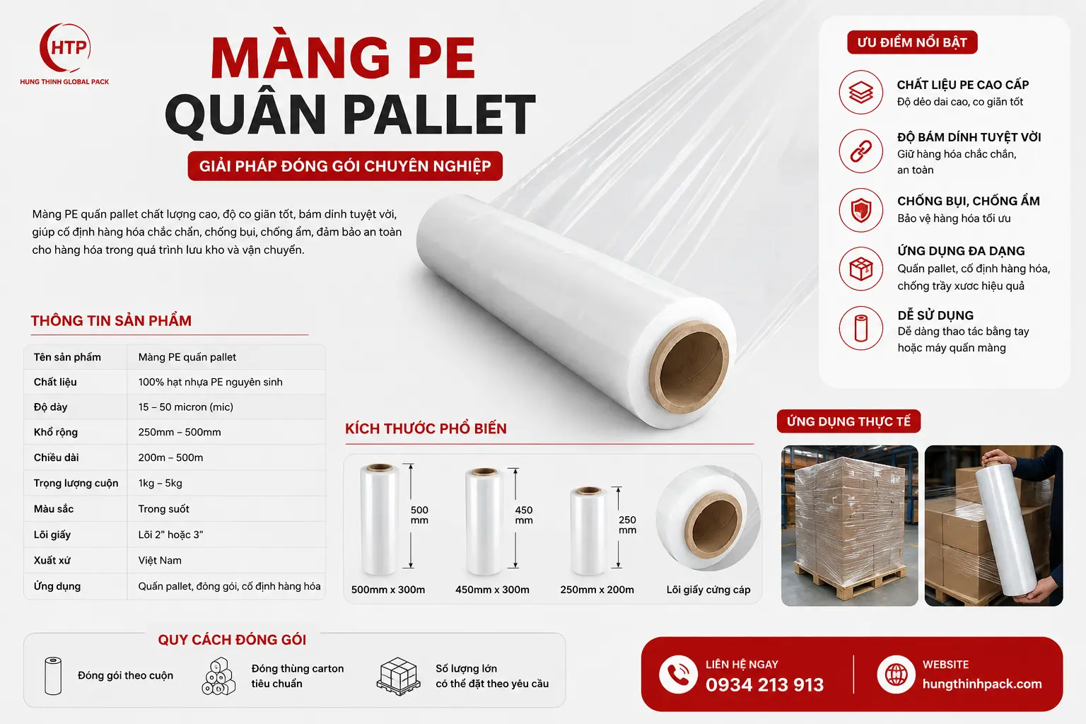 Hình ảnh mô tả chi tiết màng PE quấn pallet với thông số kỹ thuật, kích thước và ứng dụng đóng gói hàng hóa chuyên nghiệp