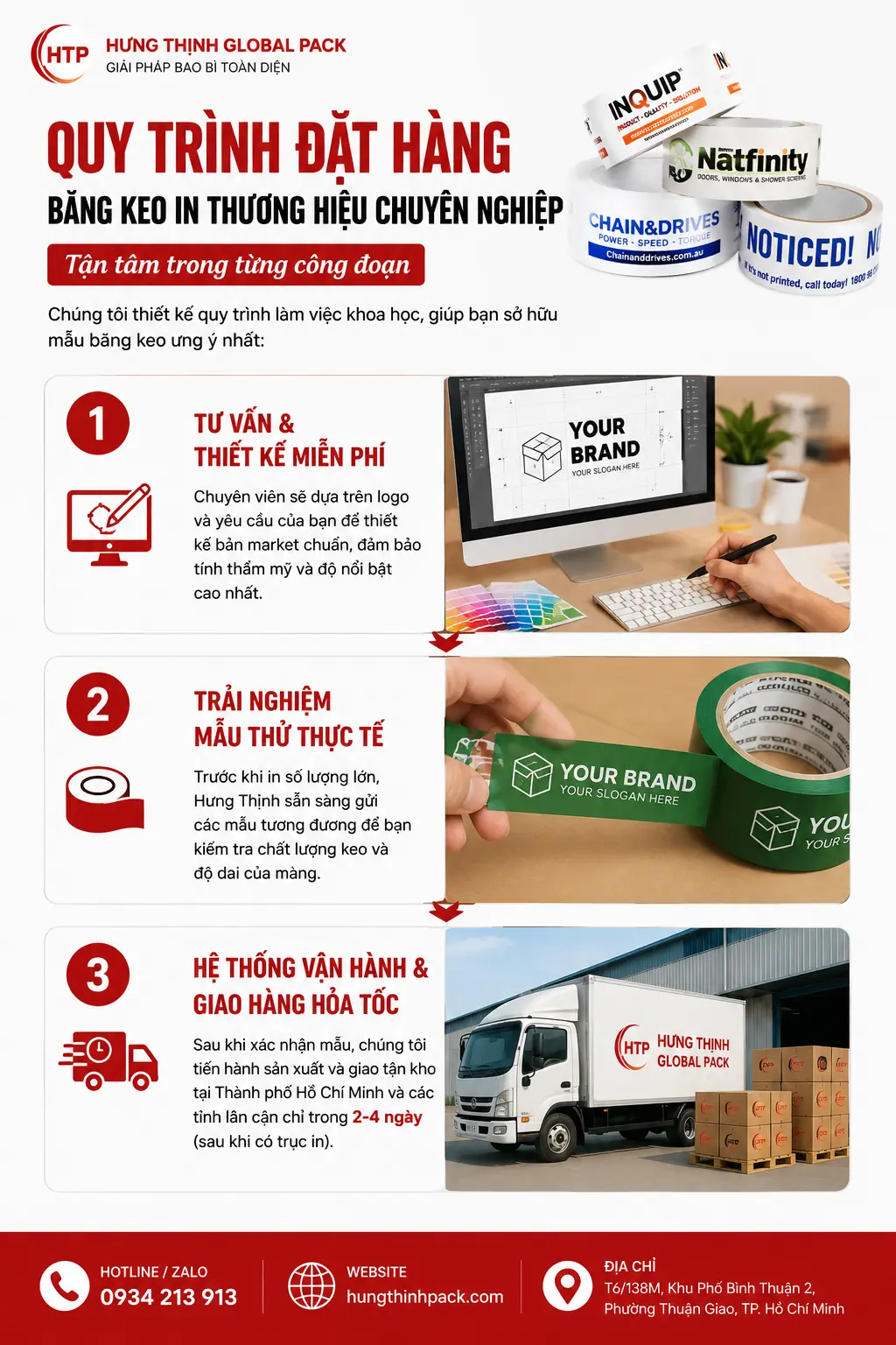 Infographic quy trình đặt hàng băng keo in thương hiệu chuyên nghiệp tại Hưng Thịnh Global Pack từ thiết kế, mẫu thử đến giao hàng.