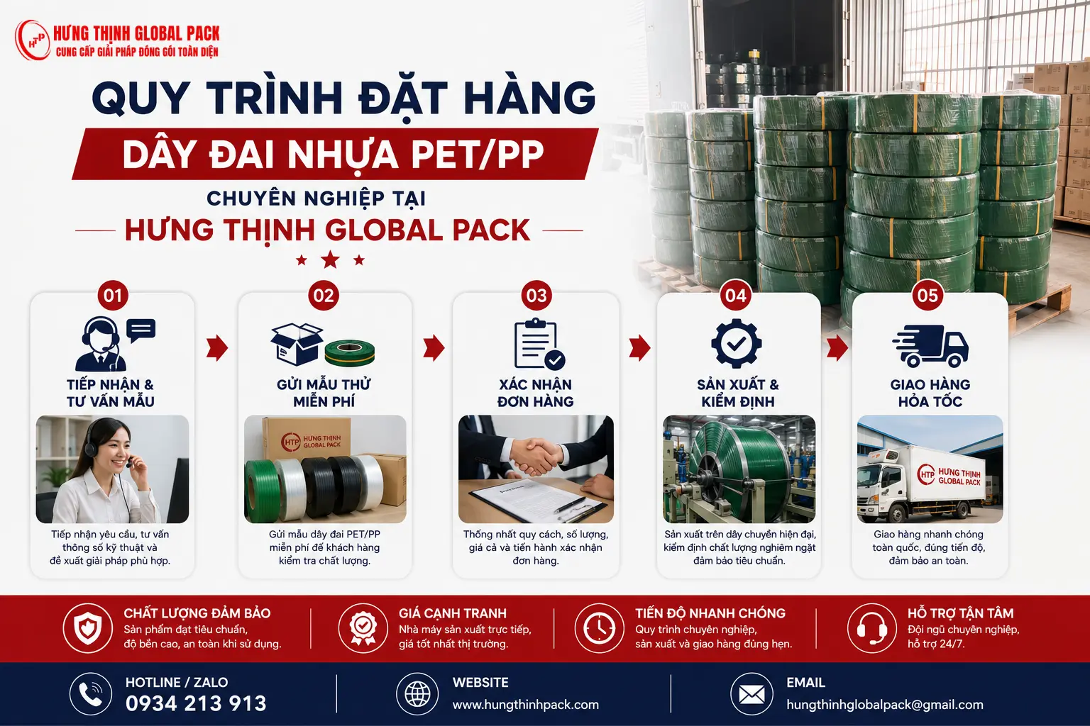 Quy trình sản xuất và cung cấp dây đai nhựa PET PP từ tư vấn gửi mẫu thử đến giao hàng hỏa tốc