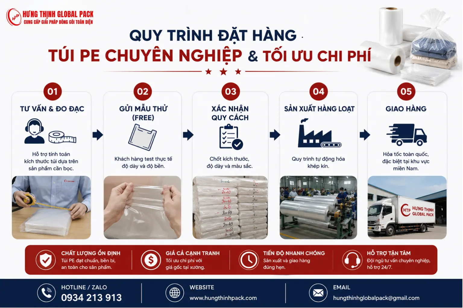 quy trình đặt hàng và sản xuất túi PE chuyên nghiệp tại xưởng Hưng Thịnh Pack