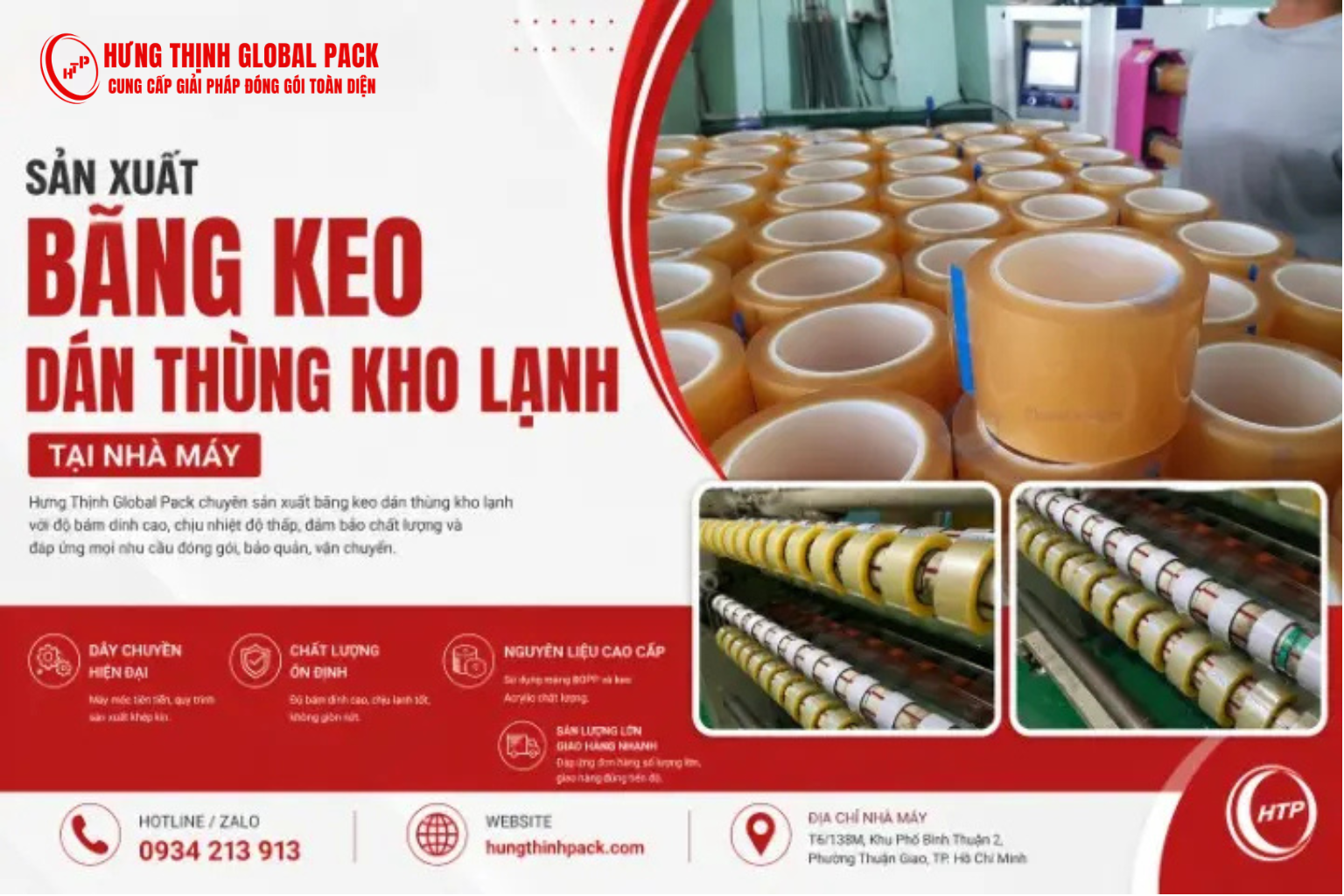 Hình ảnh sản xuất băng keo dán thùng kho lạnh tại nhà máy Hưng Thịnh Global Pack với dây chuyền cắt cuộn hiện đại