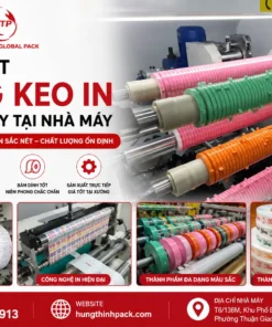 Hình ảnh sản xuất băng keo in dán nắp ly tại nhà máy Hưng Thịnh Global Pack với công nghệ in hiện đại và nhiều màu sắc đa dạng