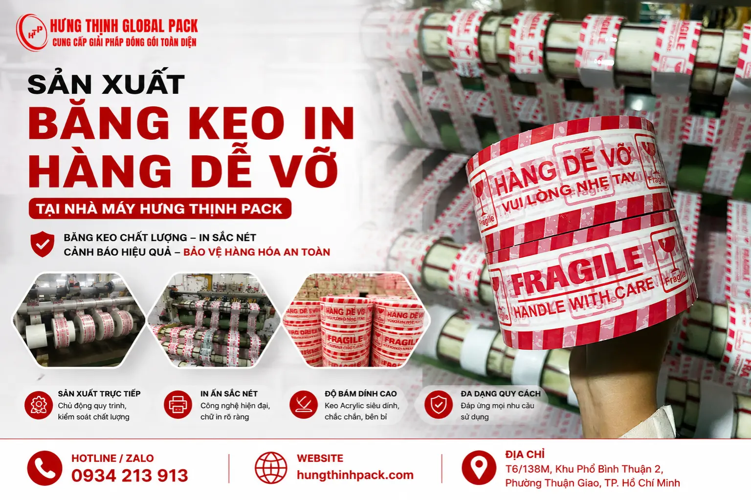 Sản xuất băng keo in hàng dễ vỡ tại nhà máy Hưng Thịnh Pack với công nghệ in sắc nét