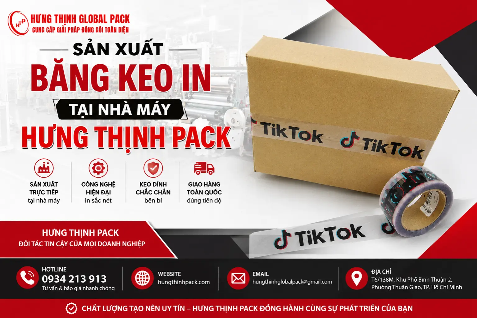 Sản xuất băng keo in TikTok tại nhà máy Hưng Thịnh Pack với logo in sắc nét và keo bám dính cao