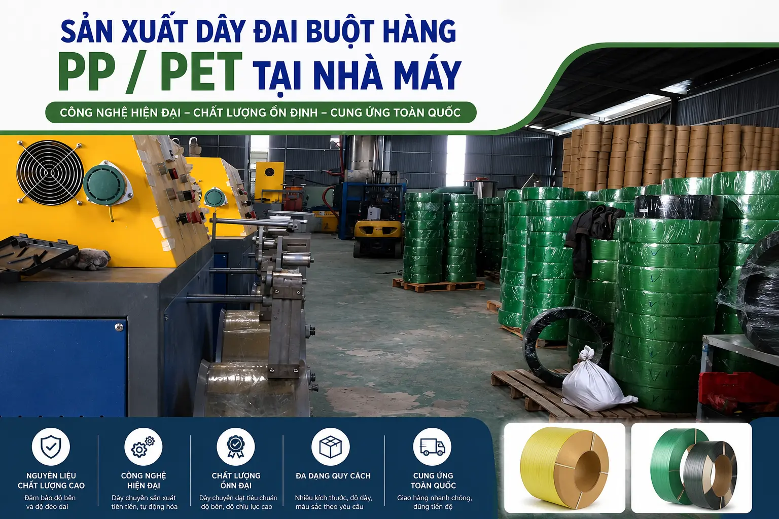 Hình ảnh sản xuất dây đai nhựa PP PET tại nhà máy với dây chuyền công nghệ hiện đại và cuộn dây đai công nghiệp chất lượng cao.