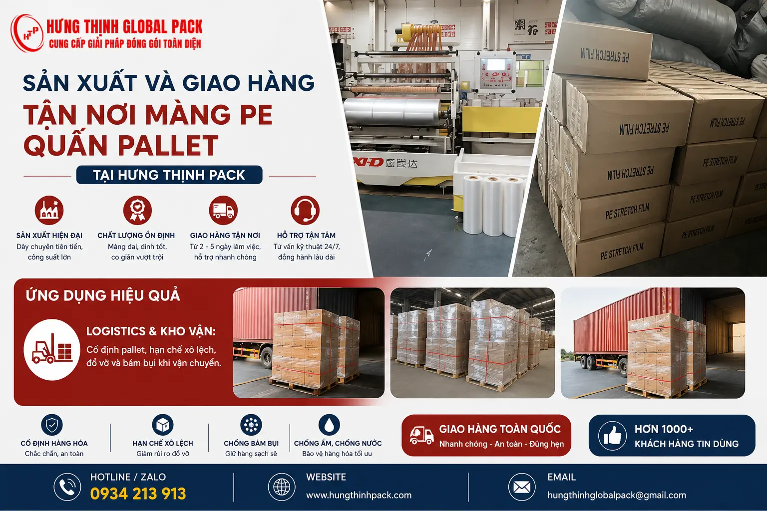 Sản xuất và giao hàng tận nơi màng PE quấn pallet chất lượng cao giá sỉ tại Hưng Thịnh Pack