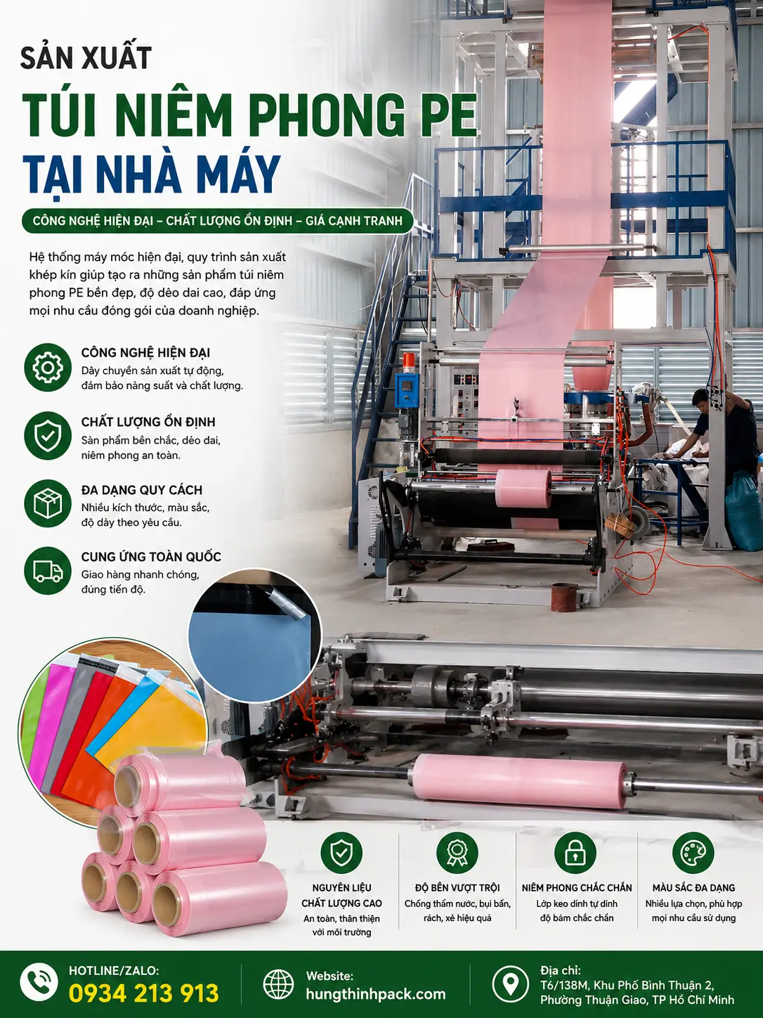 Sản xuất túi niêm phong PE tại nhà máy Hưng Thịnh Global Pack với dây chuyền hiện đại và công nghệ tự động hóa