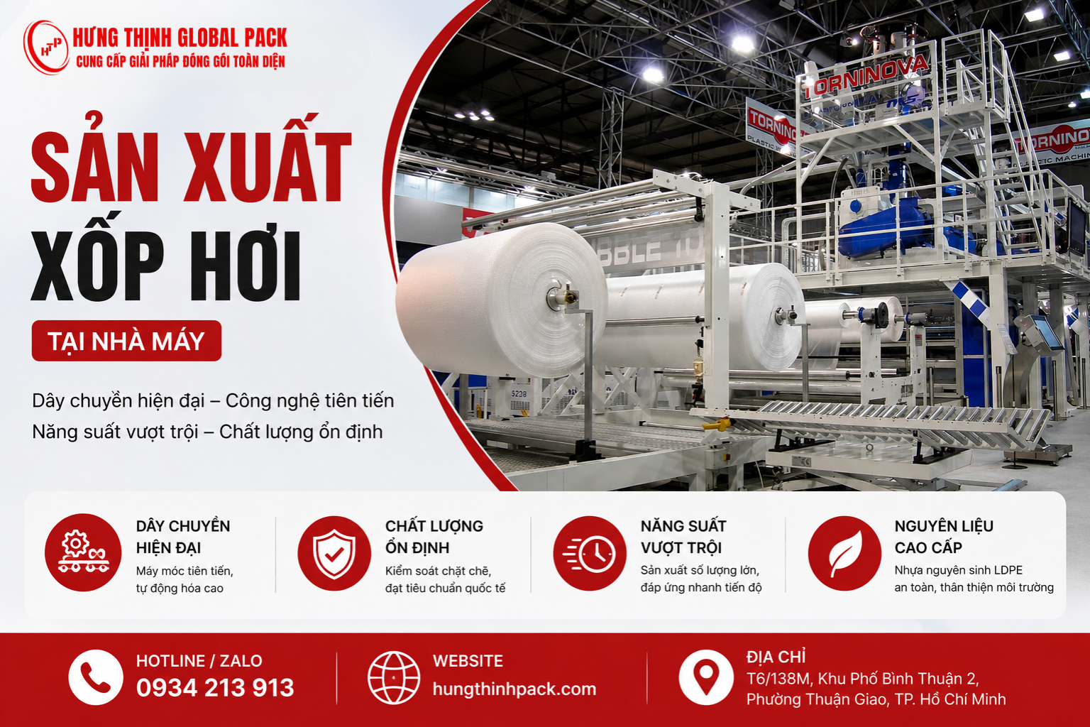 Hệ thống sản xuất xốp hơi chống sốc tại nhà máy Hưng Thịnh Global Pack với dây chuyền hiện đại.