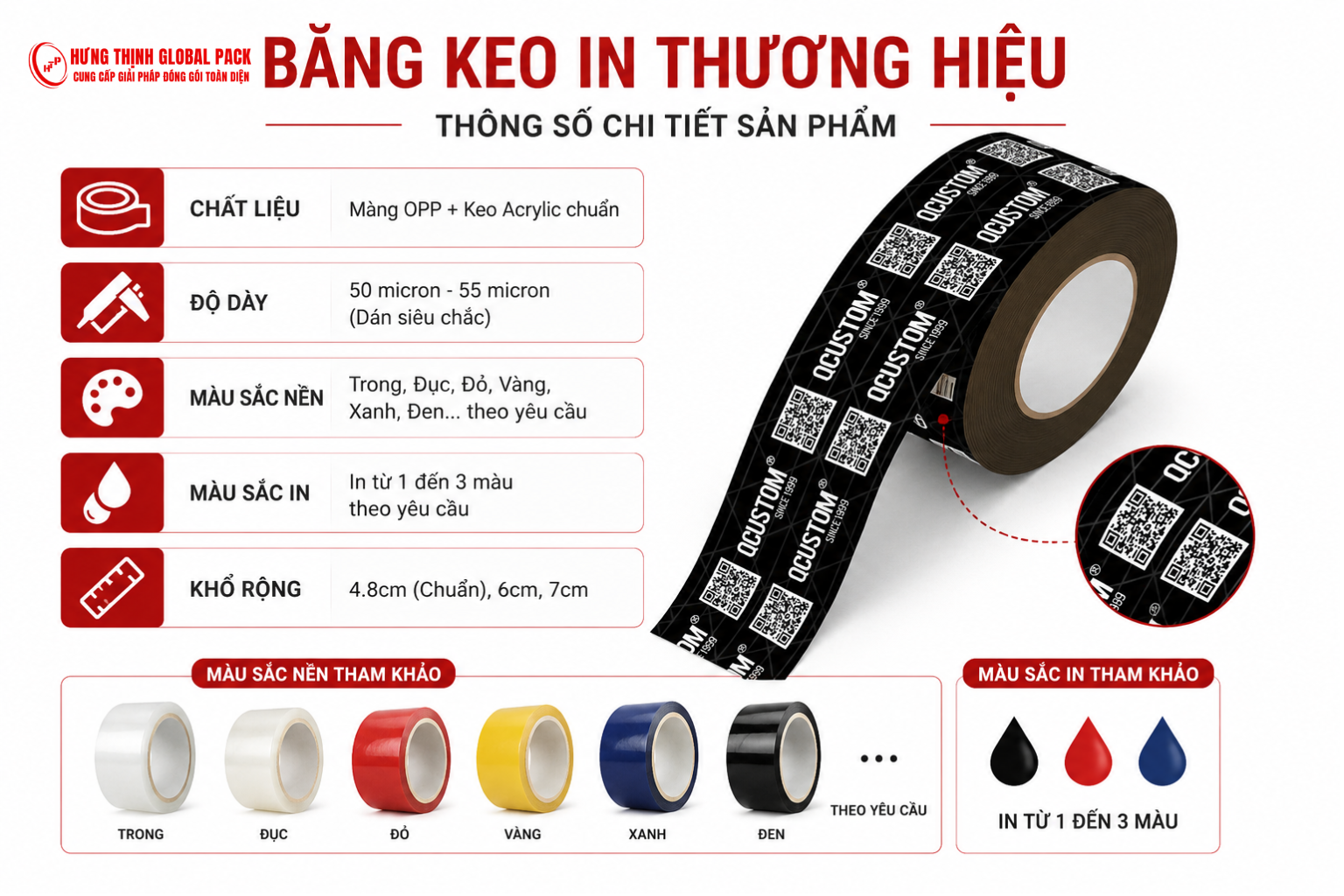 Thông số kỹ thuật băng keo in thương hiệu dán thùng carton với chất liệu OPP keo Acrylic, in logo theo yêu cầu.