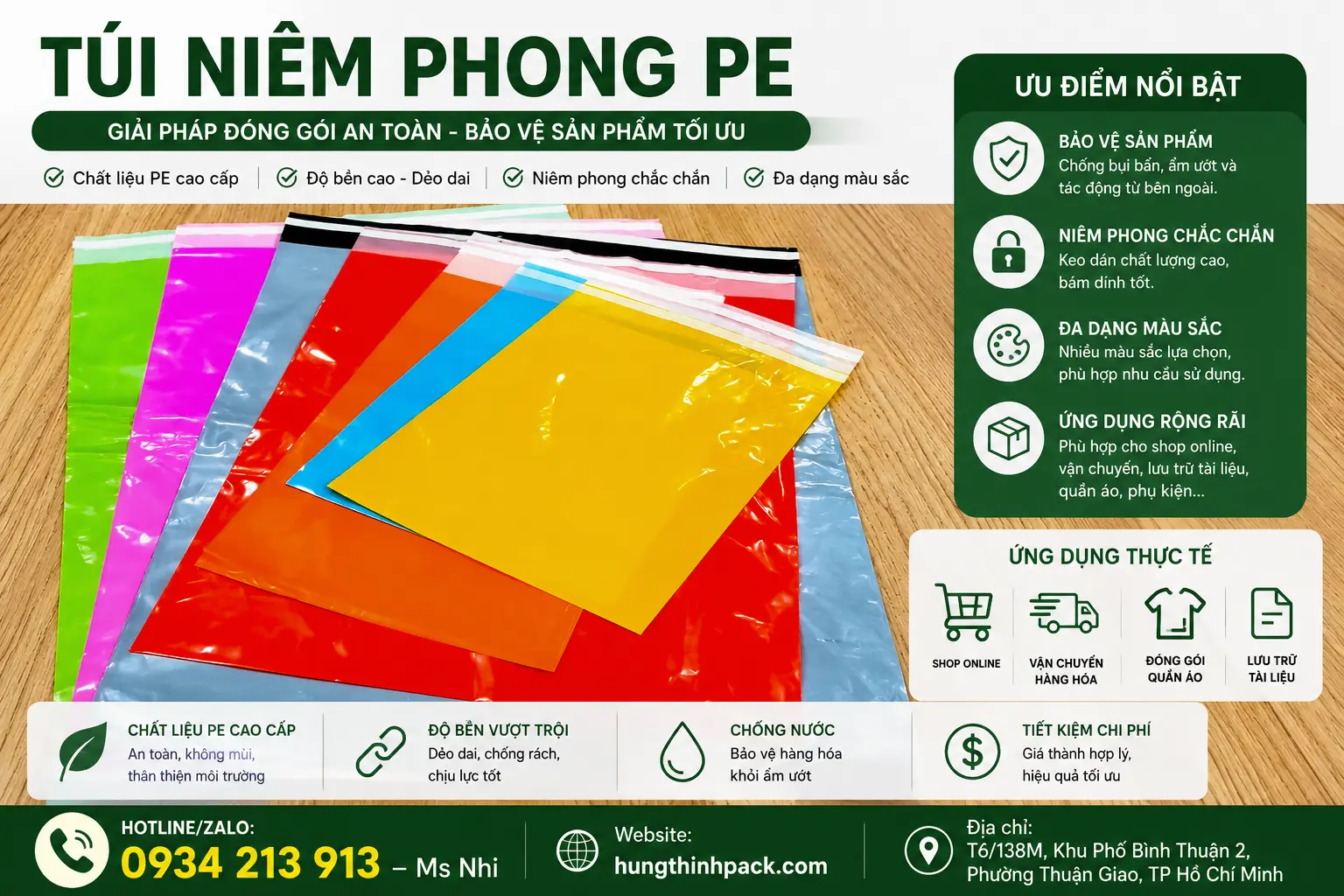 Túi niêm phong PE nhiều màu dùng đóng gói hàng hóa và vận chuyển an toàn