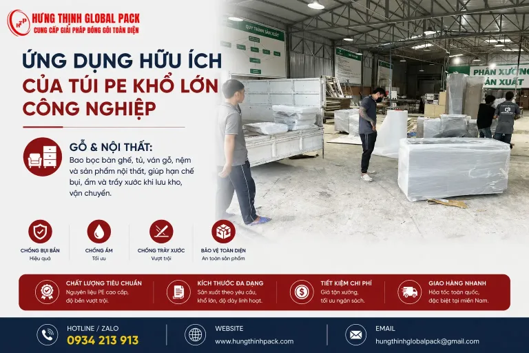 Ứng dụng túi PE công nghiệp khổ lớn bọc bảo vệ bàn ghế gỗ và đồ nội thất xuất khẩu Hưng Thịnh Pack