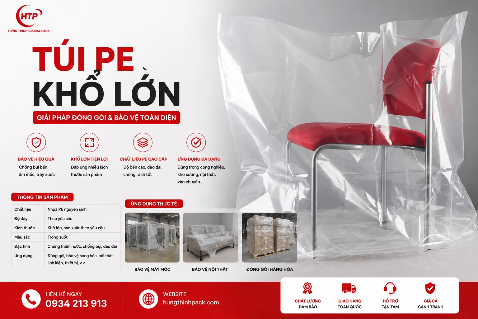 Túi PE khổ lớn trong suốt dùng đóng gói và bảo vệ nội thất, hàng hóa công nghiệp tại Hưng Thịnh Global Pack.