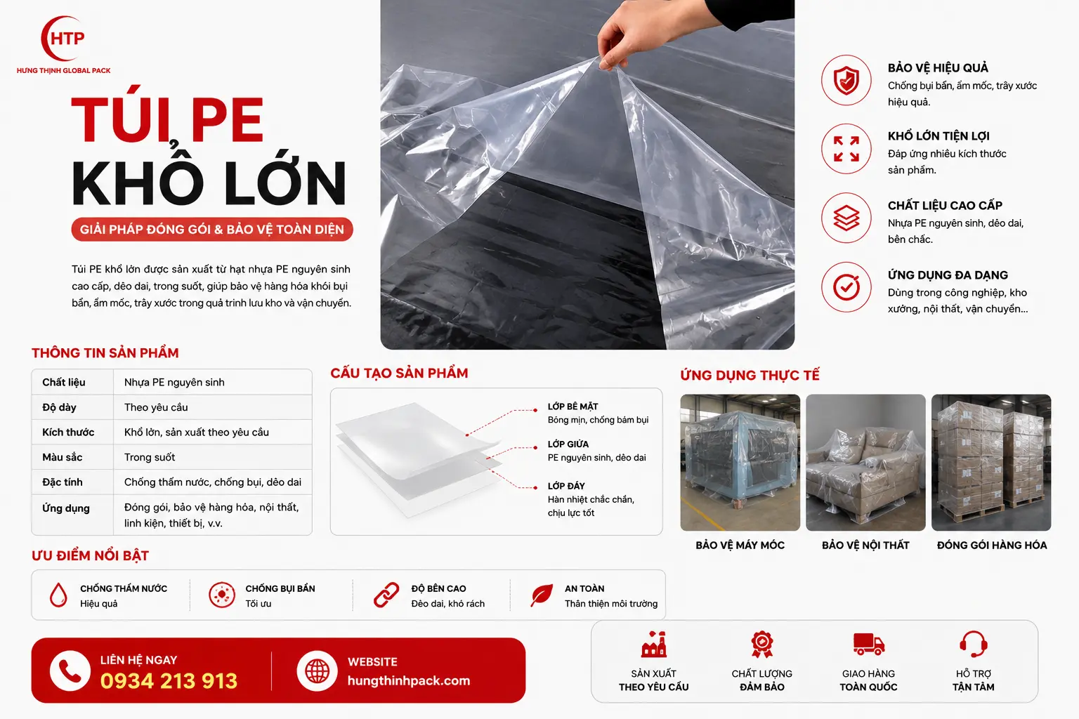 Túi PE khổ lớn trong suốt dùng đóng gói và bảo vệ hàng hóa, nội thất, máy móc công nghiệp chất lượng cao.