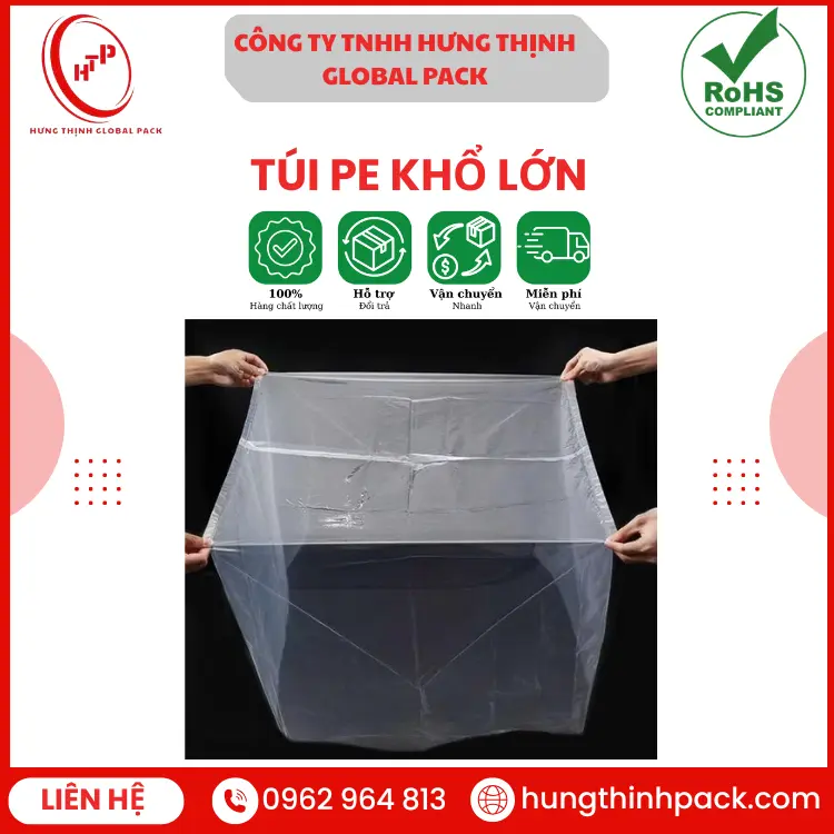 Túi PE khổ lớn bọc pallet máy móc đạt chuẩn SGS RoHS Hưng Thịnh Global Pack