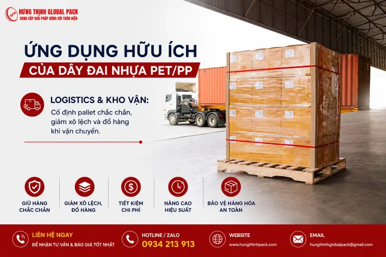 Dây đai nhựa PET PP chằng hàng pallet gỗ giúp giảm xô lệch và chống đổ hàng khi vận chuyển