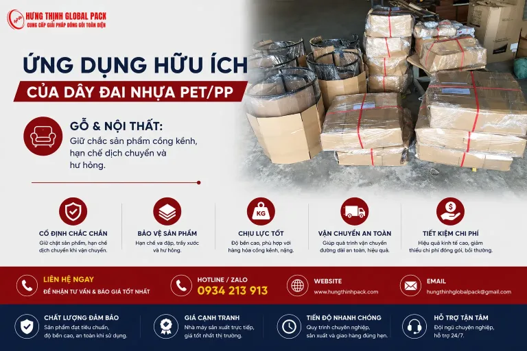 Dây đai nhựa PET PP đai niềng bảo vệ kiện hàng gỗ nội thất chống trầy xước và xô lệch