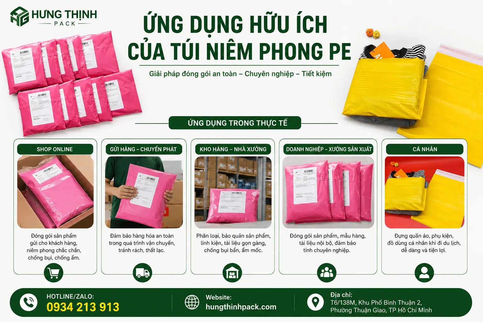Ứng dụng hữu ích của túi niêm phong PE Hưng Thịnh Global Pack dùng đóng gói hàng hóa, chuyển phát và bảo quản sản phẩm
