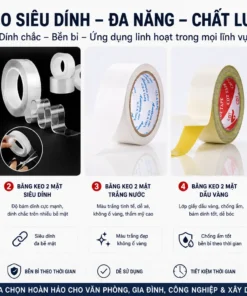 Băng keo 2 mặt siêu dính đa năng gồm băng keo chịu nhiệt, băng keo trắng nước, băng keo dầu vàng và băng keo mút xốp