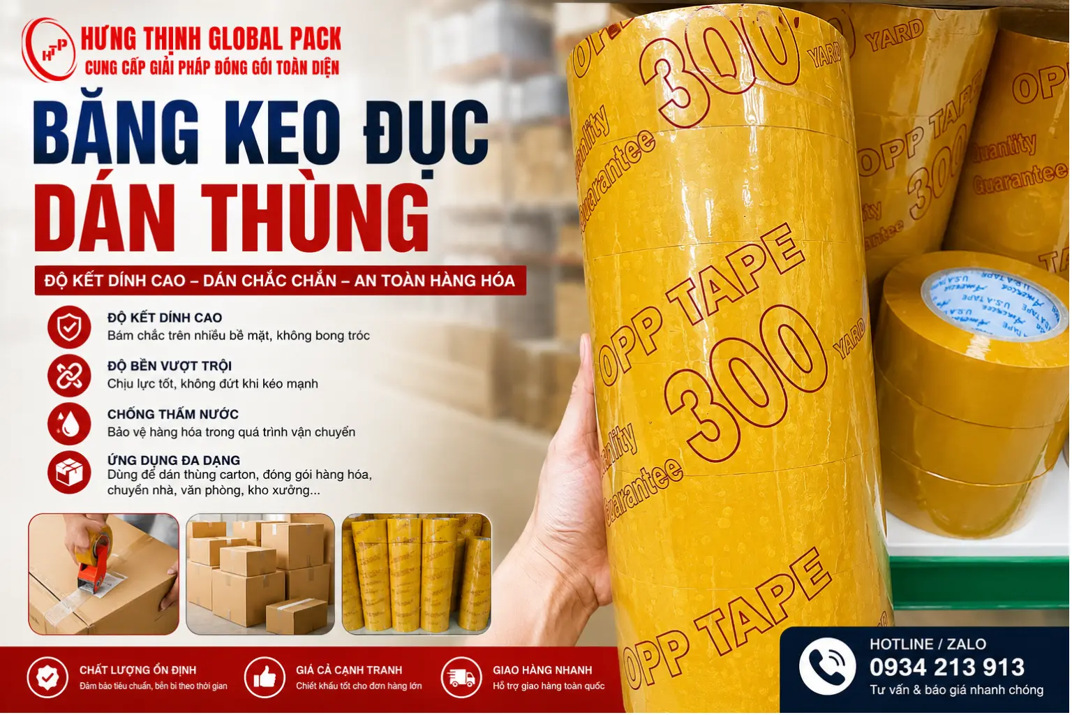 Băng keo đục dán thùng OPP 300 yard chất lượng cao tại Hưng Thịnh Pack
