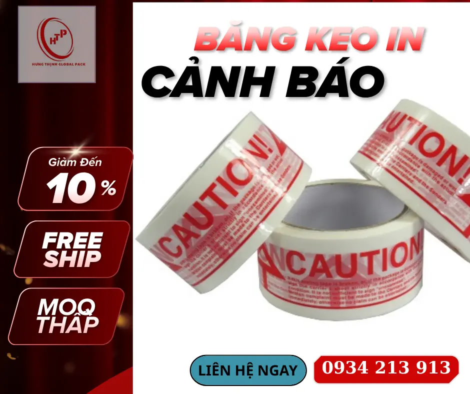 Băng keo in cảnh báo CAUTION nền trắng chữ đỏ giá sỉ tại Hưng Thịnh Pack