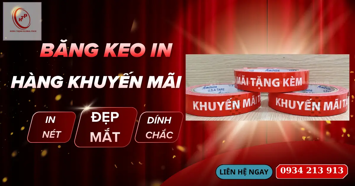 Băng keo in hàng khuyến mãi màu đỏ chữ trắng dùng đóng gói sản phẩm