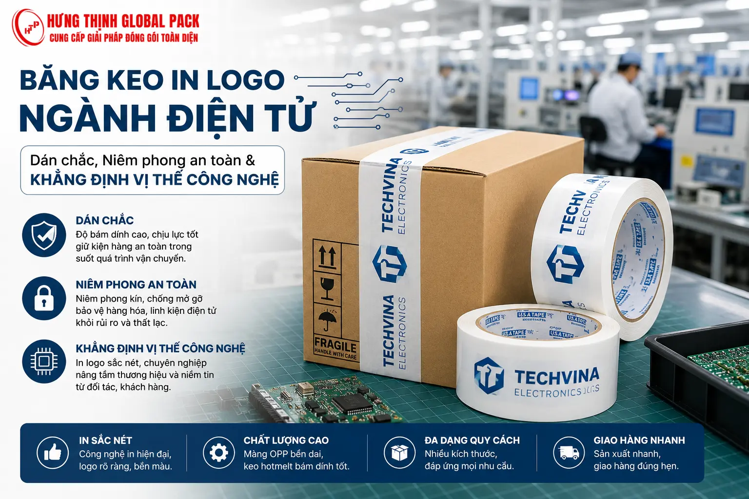Băng keo in logo ngành điện tử giúp niêm phong thùng hàng chắc chắn, bảo vệ linh kiện trong quá trình vận chuyển và tăng nhận diện thương hiệu với hình ảnh chuyên nghiệp, hiện đại.