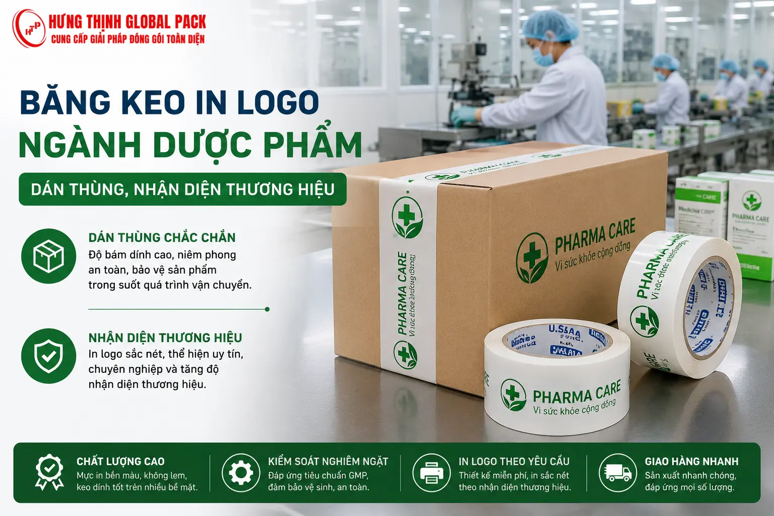 Băng keo in logo ngành dược phẩm giúp dán thùng chắc chắn, niêm phong an toàn và tăng nhận diện thương hiệu trong quá trình lưu kho, vận chuyển và phân phối. Giải pháp phù hợp cho nhà máy sản xuất, doanh nghiệp dược và thiết bị y tế.