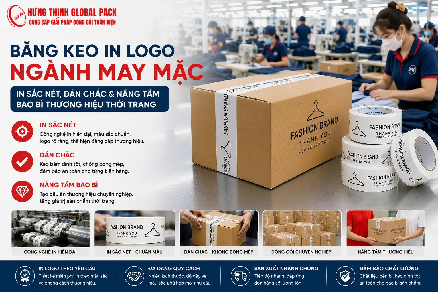 Băng keo in logo ngành may mặc giúp niêm phong thùng hàng chắc chắn, in thương hiệu sắc nét và nâng cao hình ảnh bao bì thời trang trong quá trình đóng gói, lưu kho và giao hàng.