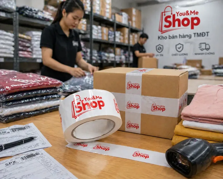 Băng keo in logo thương hiệu ngành thời trang dán thùng carton niêm phong quần áo Hưng Thịnh Pack
