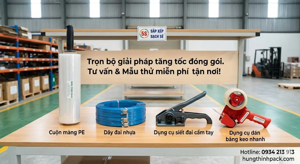 Hệ sinh thái bộ dụng cụ hỗ trợ đóng gói gồm cuộn màng PE, dây đai nhựa, dụng cụ siết đai và dán băng keo nhanh giúp tăng tốc độ đóng hàng