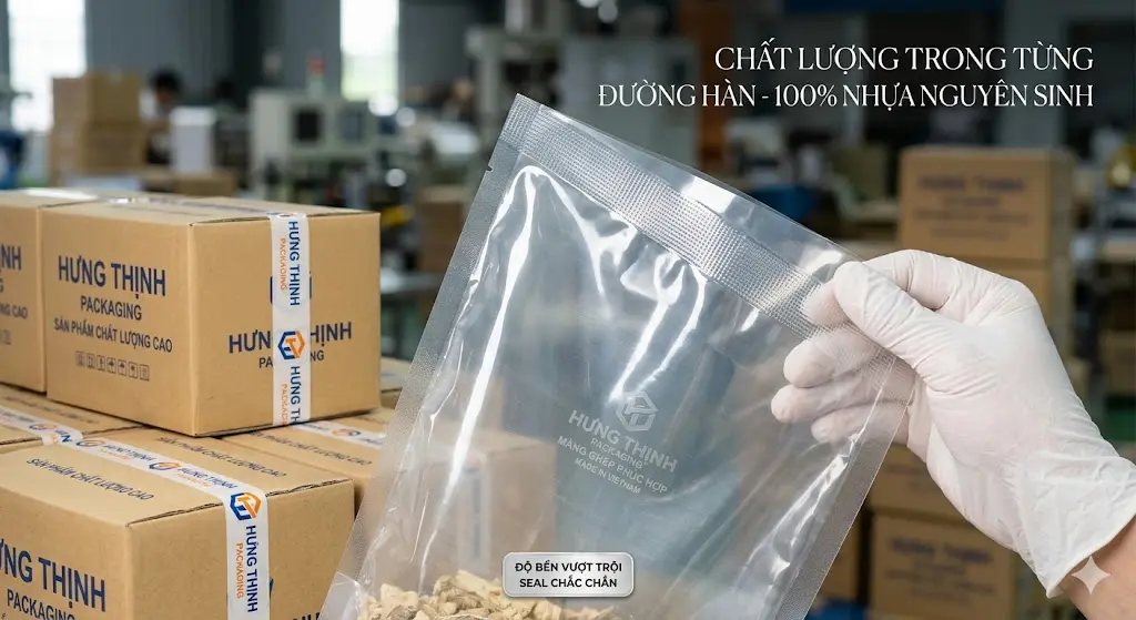 Bao bì nhựa Hưng Thịnh - Cận cảnh đường hàn seal chắc chắn và nhựa nguyên sinh cao cấp.