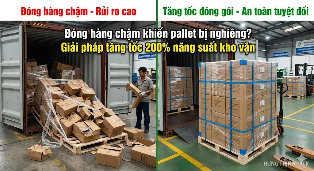 Giải pháp quấn màng PE và gia cố kiện hàng giúp loại bỏ hoàn toàn hiện tượng pallet tilting khi xuất khẩu.