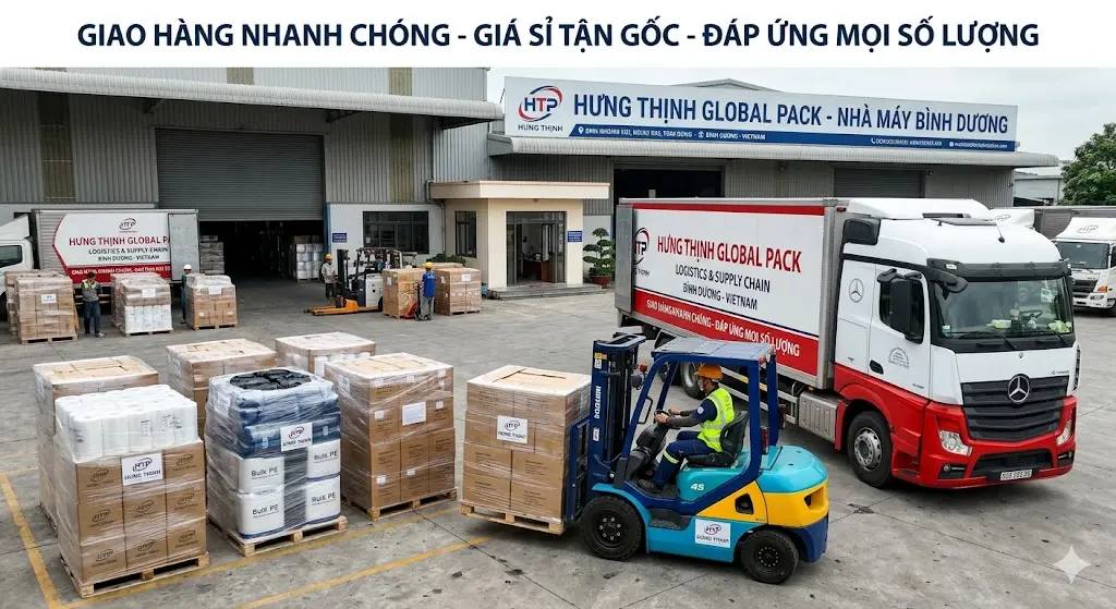 Kho bãi và xe tải vận chuyển vật tư đóng gói công nghiệp của Công ty TNHH Hưng Thịnh Global Pack tại Bình Dương.