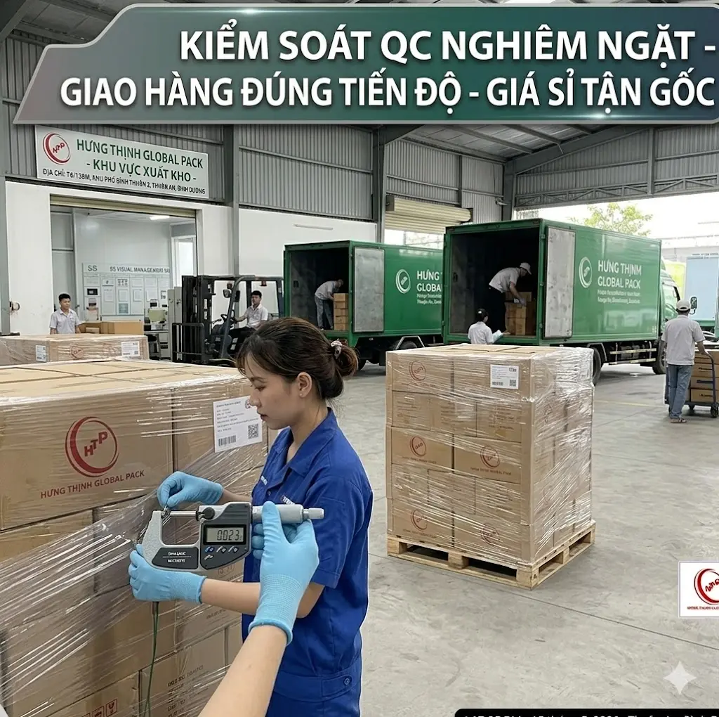 Quy trình kiểm soát chất lượng QC nghiêm ngặt cho vật tư đóng gói tại xưởng sản xuất Hưng Thịnh Global Pack Bình Dương.