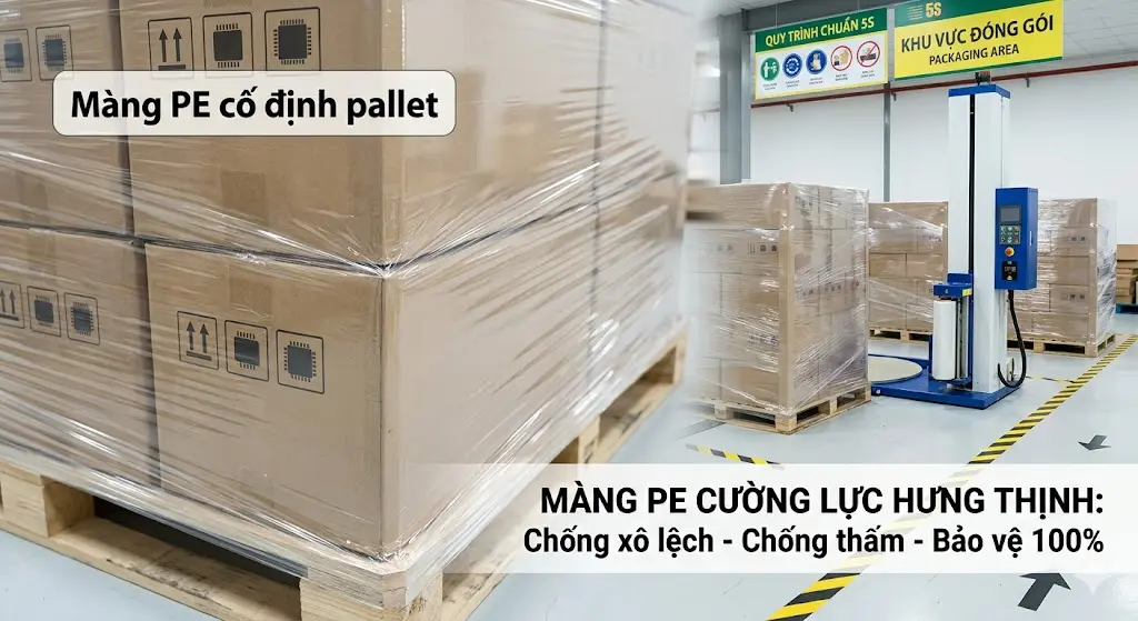 Màng PE quấn pallet từ nhựa nguyên sinh có độ co giãn 300% tại xưởng Hưng Thịnh Global Pack.