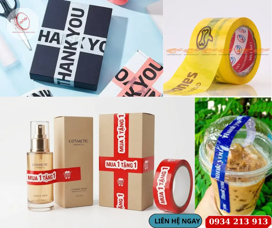 Các mẫu băng keo in logo thương hiệu, băng keo niêm phong in chữ "Thank You", "Mua 1 Tặng 1" sắc nét, độ bám dính cao sản xuất bởi Hưng Thịnh Global Pack.