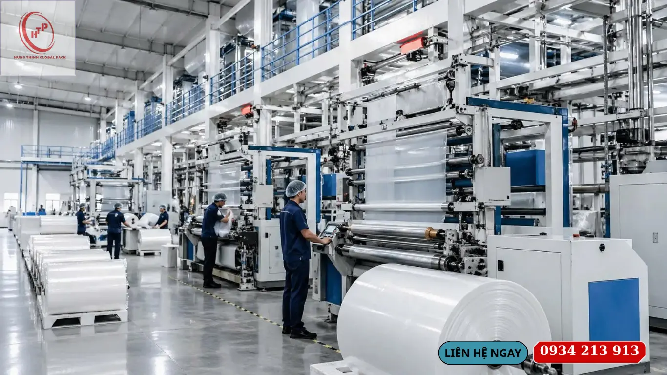 Hệ thống máy thổi màng và dây chuyền sản xuất túi nilon chuyên nghiệp từ nhựa nguyên sinh tại nhà máy Hưng Thịnh Global Pack Bình Dương.