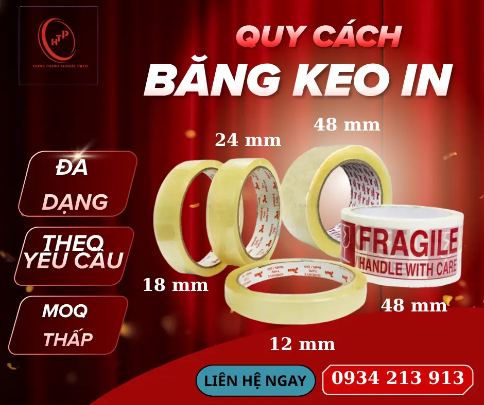 Quy cách băng keo in cảnh báo nhiều kích thước 12mm 18mm 24mm 48mm