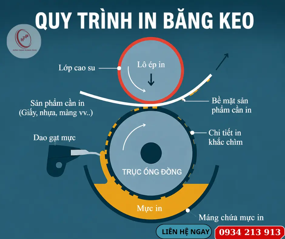Sơ đồ quy trình in băng keo bằng trục ống đồng và mực in công nghiệp