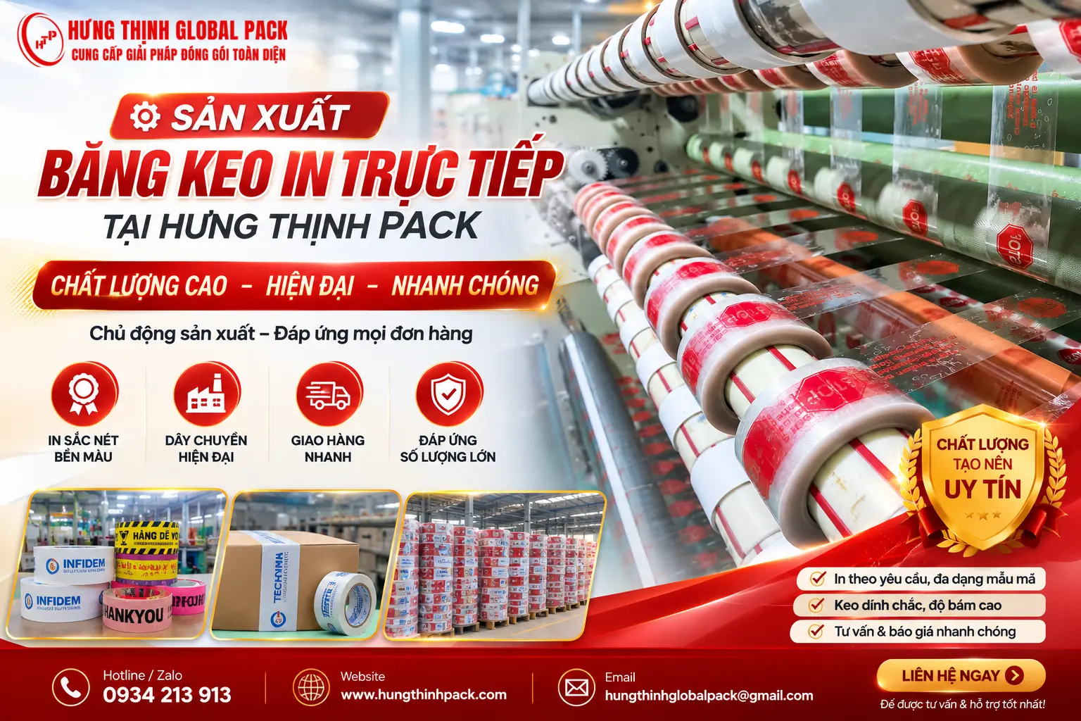 Hưng Thịnh Pack trực tiếp sản xuất băng keo in theo yêu cầu với dây chuyền hiện đại, in sắc nét, keo bám dính cao và giao hàng nhanh. Đáp ứng đơn hàng từ số lượng nhỏ đến sản xuất số lượng lớn cho doanh nghiệp trên toàn quốc.