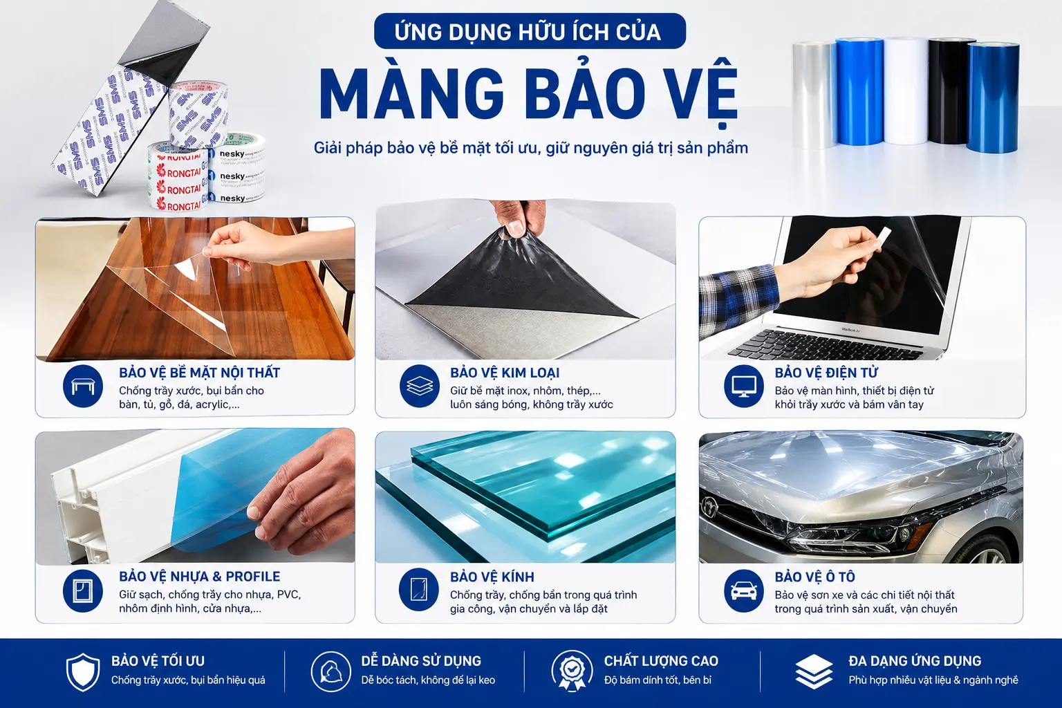 Ứng dụng hữu ích của màng bảo vệ bề mặt công nghiệp cho nội thất, kính, kim loại, điện tử và ô tô